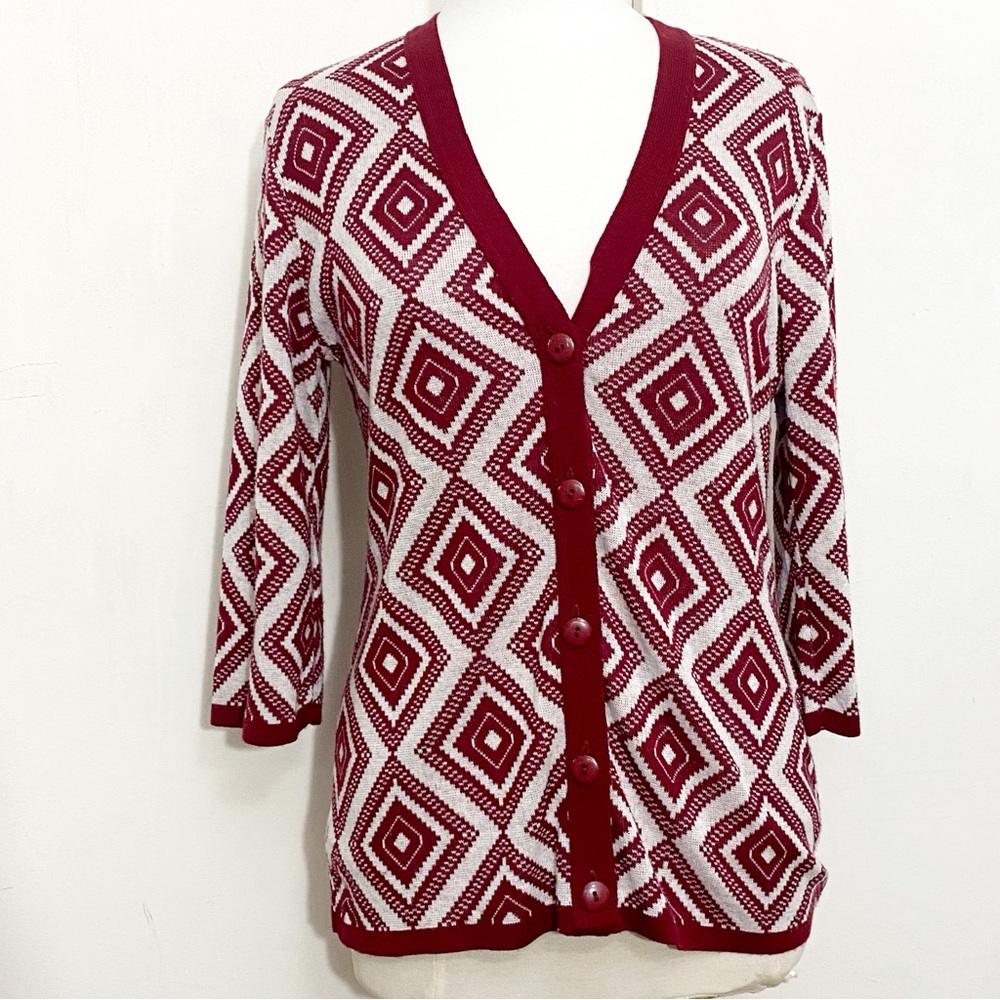 ELEMENTZ geometric contrast trim button up burgundy knit cardigan sweater M
